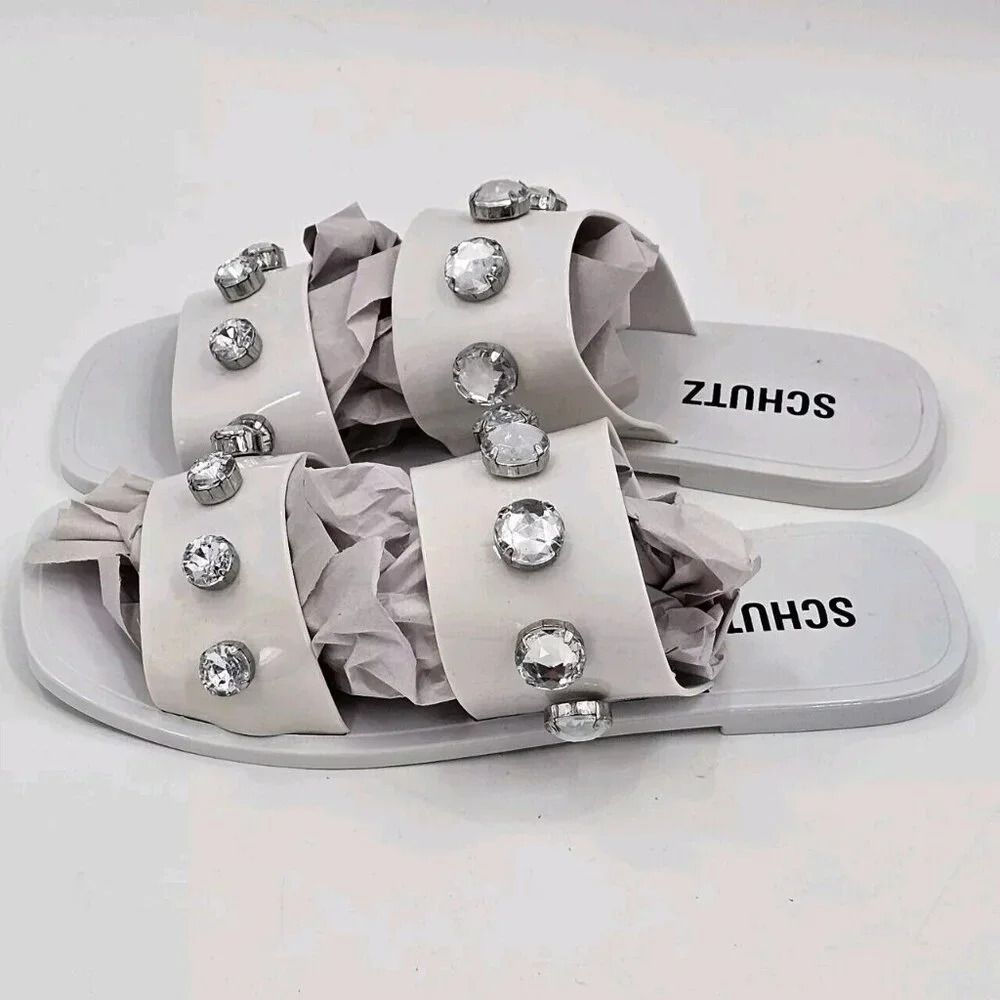 Schutz Lizzie White Jelly Crystal Embellished Flat Slide Sandal Size EU 39 US 9 - Picture 1 of 7